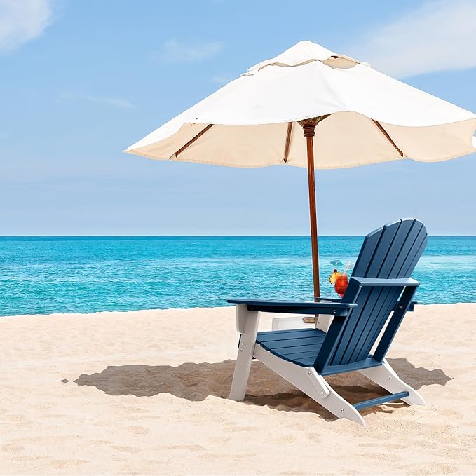 FUNBERRY Folding Adirondack Chair, Blue & White All Weather HDPE Fire Pit Chairs with Cup Holder for Outdoor