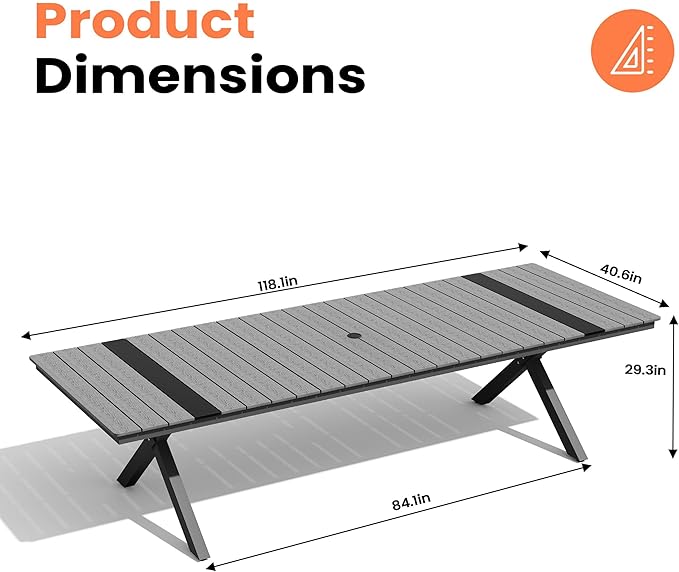 Pellebant 118" Outdoor Dining Table for 8-12, 10ft Aluminum Patio Table with Umbrella Hole - Photo 2