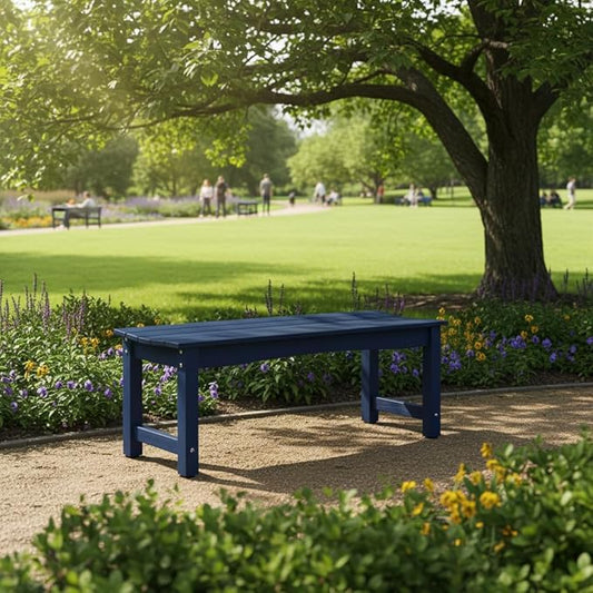 Weatherproof HIPS Outdoor Bench, 2-Person Patio Dining Bench, All-Weather Poly Lumber Garden Bench, Never Rot or Fade, Park Bench with Wood Grains for Porch, Deck, Entryway, Dark Blue