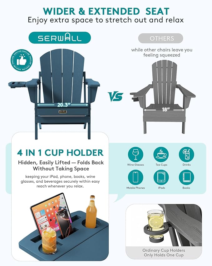 SERWALL Folding Adirondack Chair, Patio Adirondack Chairs with 4 in 1 Cup Holder, Weather Resistant Patio Chair - Photo 5