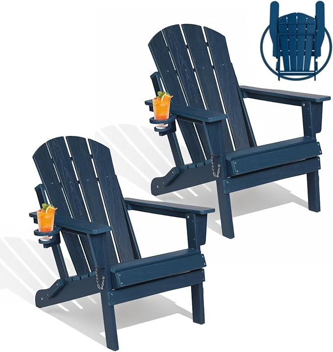 Folding Adirondack Chairs Set of 2, Plastic Outdoor Patio Chairs with Cup Holder, Wood-Textured with Large Seat for Poolside Backyard Lawn, Blue