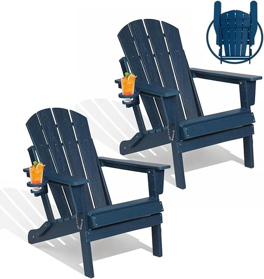 Folding Adirondack Chairs Set of 2, Plastic Outdoor Patio Chairs with Cup Holder, Wood-Textured with Large Seat for Poolside Backyard Lawn, Blue