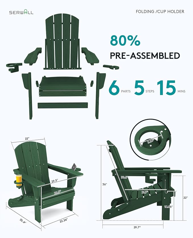 SERWALL Adirondack Chair with Cup Holders - Composite Adirondack Chairs HDPE Outdoor Chairs All Weather Use- Green - Photo 3