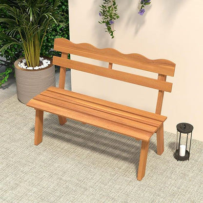 Tangkula Acacia Wood Outdoor Bench with Backrest, 2-Person Patio Garden Bench with Waved Backrest and Slatted Seat, 800 lbs Weight Capacity, Outside Loveseat for Front Porch, Balcony, Backyard, Park