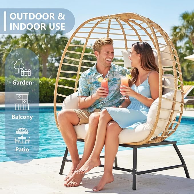SWITTE Double Wicker Egg Chair Outdoor, Indoor Oversized Papasan Loveseat with Thick Cushion, 2-Person Patio Lounge Chair, 680 lbs Capacity for Balcony, Porch, Backyard-Ivory