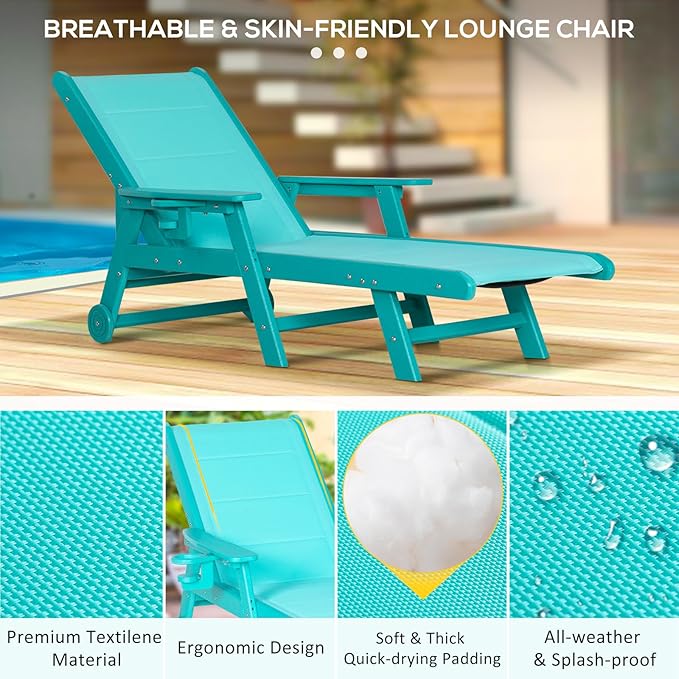 Outdoor Chaise Lounge Chair with Table Set of 3, 5-Position Adjustable Padded Patio Lounge Chair with Wheels & Cup Holder, HDPE Pool Lounge Chair for Outside, Poolside & Beach (Aruba)