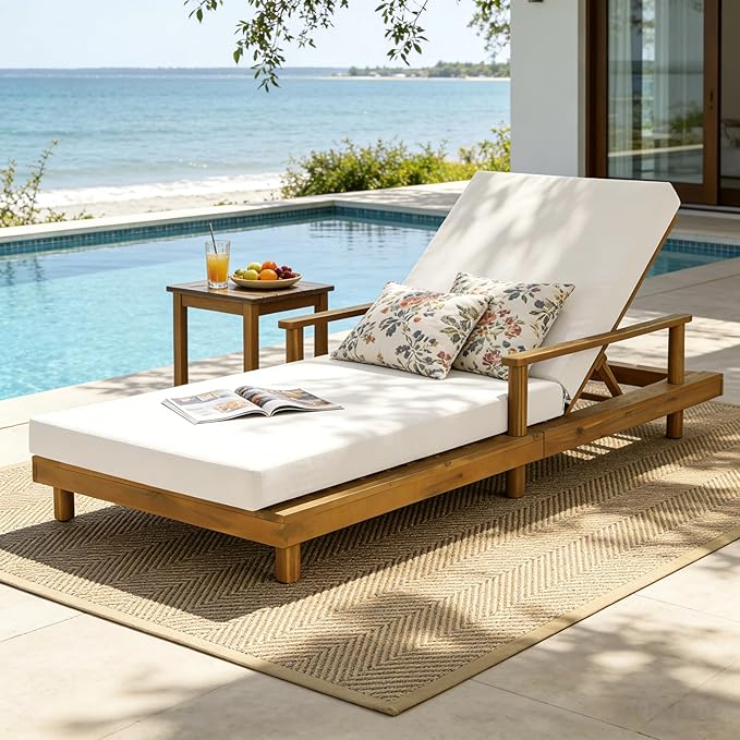 Merax Acacia Wood Outdoor Chaise Lounge Chair with 3-Position Adjustable Back & 4" Thick Removable Cream Cushion, 400lbs Capacity, Modern Large Patio Sun Lounger for Patio Garden Pool