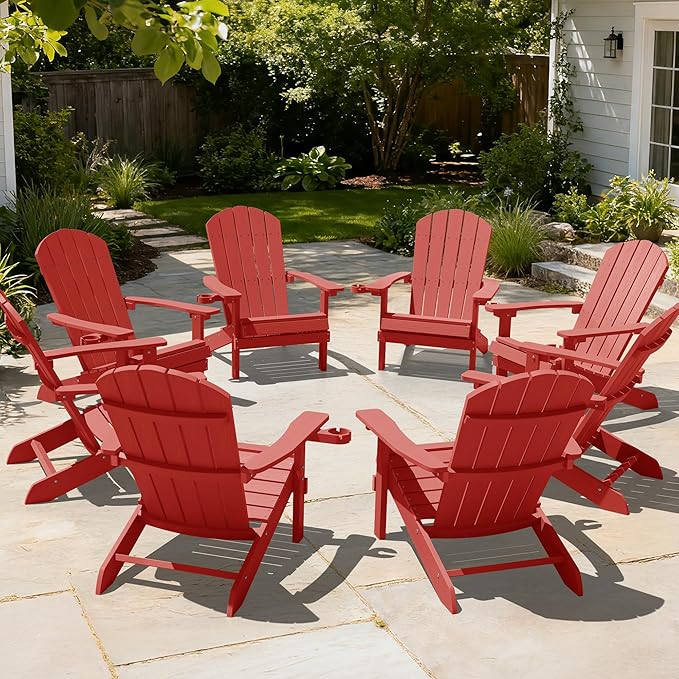 YEFU Adirondack Chairs Set of 8: Plastic Adirondack Chairs - Patio Chairs with Wood Texture - Outdoor Chair HIPS - Lawn Fire Pit Deck Porch Garden Chairs for Adults (Red)