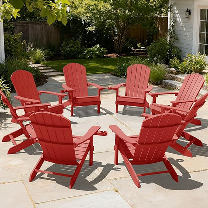 YEFU Adirondack Chairs Set of 8: Plastic Adirondack Chairs - Patio Chairs with Wood Texture - Outdoor Chair HIPS - Lawn Fire Pit Deck Porch Garden Chairs for Adults (Red)