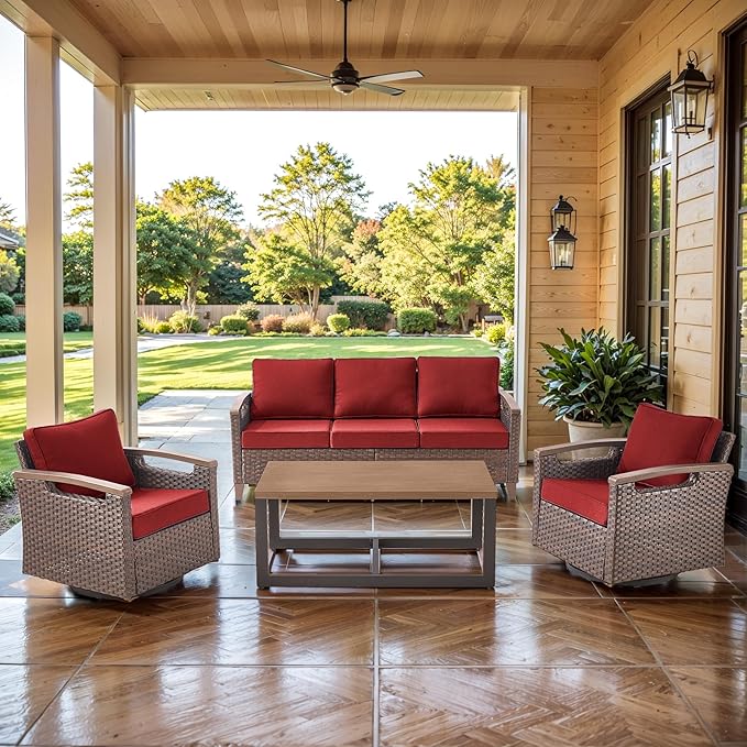 Luxury 4 Piece Heavy Duty Patio Furniture Set with Swivel Chairs - All Weather Wicker Comfort Thick Cushion Outdoor Conversation Set with Sofa & Coffee Table for Porch Poolside Deck - Red