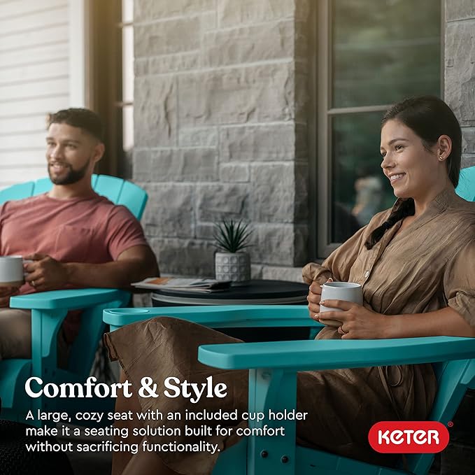Keter Alpine Adirondack 2 Pack Resin Outdoor Furniture Patio Chairs with Cup Holder-Perfect for Beach, Pool, and Fire Pit Seating, Teal