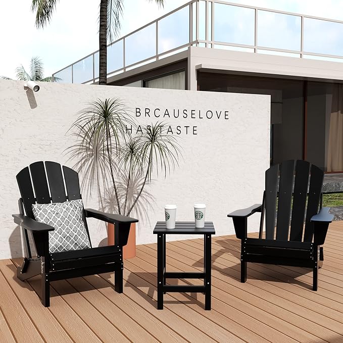 WO WESTIN OUTDOOR HDPE Laguna 3PC Outdoor Poly Adirondack Chair Set with Side Table, Black