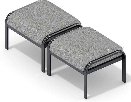HOMREST Metal Outdoor Ottoman, 2-Piece Aluminum Footstool w/Removable Cushion, Multipurpose Footrest Stool Additional Seating, Set of 2 Outdoor Ottomans for Patio Deck (Grey)
