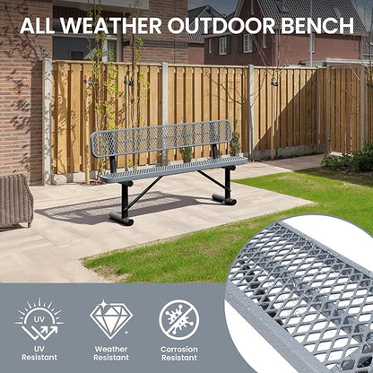 6 Feet Steel Park Bench for Outside, Outdoor Bench with Backrest & Portable Frame, Commercial Benches for Shopping Malls, Stores, Parks, Patios, Decks, Grey