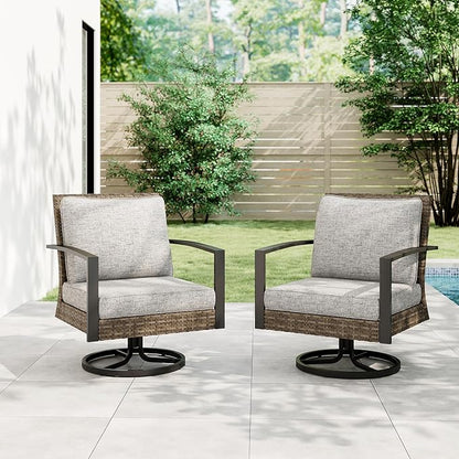 Green4ever Patio Swivel Dining Chairs Set of 2 with 360-Degree Rotating, Metal Outdoor Rocking Chair, All Weather Rattan Patio Chairs for Porch, Bistro, Balcony, Gray