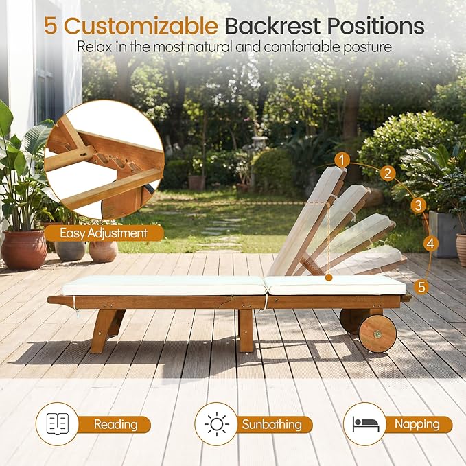 Tangkula Folding Lounge Chair Outdoor, Patio Eucalyptus Wood Chaise Lounge with 5-Level Adjustable Backrest & Cushions, Portable Beach Pool Sunbathing Recliner with Wheels for Outside (1,Off White)