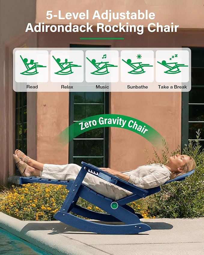 YEFU Adirondack Chairs with Retractable Ottoman: Oversize Adirondack Rocking Chairs - 5-Level Adjustable High Back - Outdoor Rocker with Cup Holder for Porch/Gardens/Lawn/Patio/Backyard/Navy