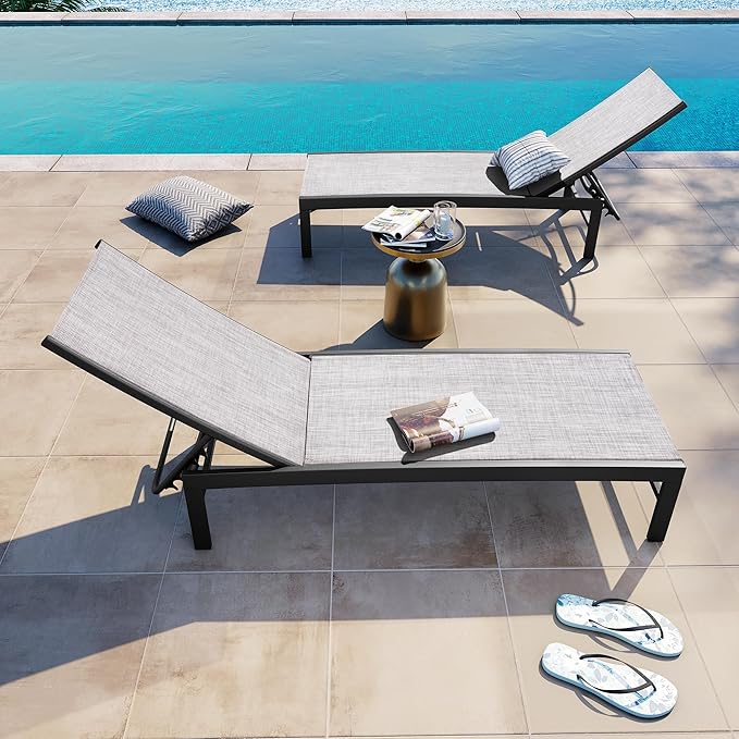 Crestlive Products Pool Lounge Chair Outdoor Set of 2, Chaise Lounge Chairs, Adjustable Five-Position Tanning Recliner, All Weather for Patio, Beach, Yard, Pool (Grey Black)
