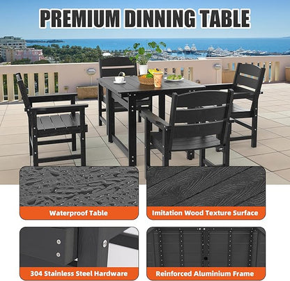 35" Outdoor Dining Table with Umbrella Hole, HIPS All-Weather Square Patio Table for Outdoor/Indoor Use, Black