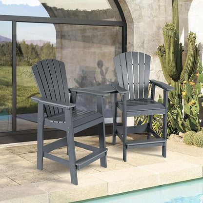 Aoodor Tall Adirondack Chairs Set of 2,HDPE Patio Bar Stool with Connecting Tray,All-Weather Balcony Chair for Outdoor Backyard, Garden, Yard - Gray