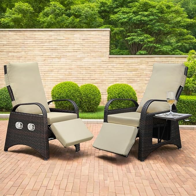 ATR ART TO REAL Outdoor Recliner Chairs, PE Wicker Reclining Lounge Chair with Removable Soft Cushion, Adjustable Outside Recliners for Patio, Porch, Poolside, Balcony, Lawn (Khaki, 2 PCS)