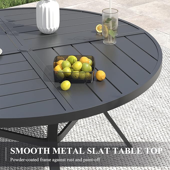 VICLLAX 40.6" Round Patio Table with Umbrella Hole, All Weather Metal Outdoor Dining Table for 4, Outside Table with Storage Shelf for Lawn Garden, Black