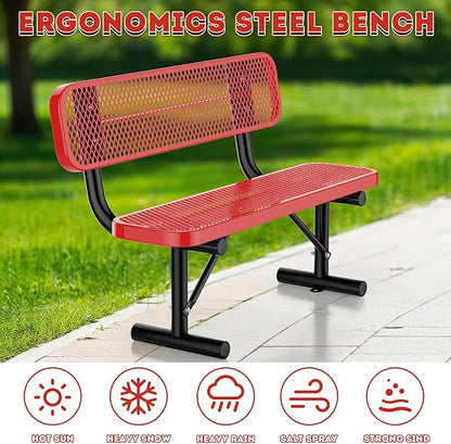 Thermoplastic Coated Iron Park Bench for Outside, Heavy Duty Metal Garden Bench, Expanded Commercial Grade Seating for Shopping Malls, Lawn Yard Porch Entryway (Red with Backrest, 48IN)