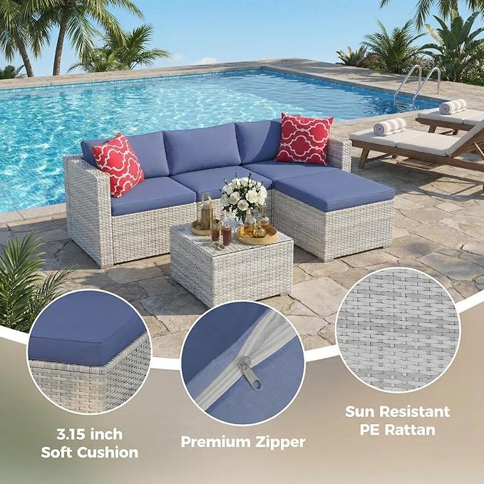 5-Piece Patio Sectional Sofa Set, All-Weather Brown PE Rattan Outdoor Conversation Furniture with Neutral-Tone Cushions - Photo 3