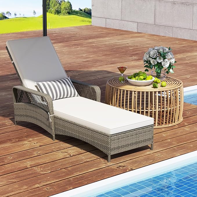 Wicker Chaise Lounge Chair, Patio Rattan Recliner with 6-Position Adjustable Backrest, Soft Cushions, Removable Lumber Pillow & Armrests, Lounger Chair for Poolside & Backyard (Off White)