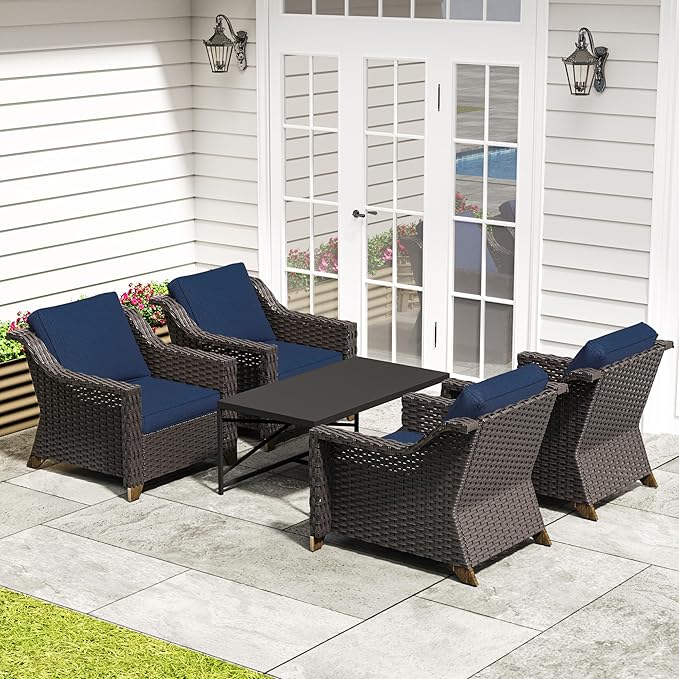 5 Pieces Outdoor Conversation Furniture Set - 4 PE Rattan Armchairs, 1 Metal Coffee Table - Photo 1