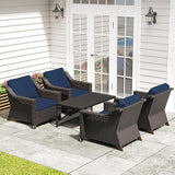 5 Pieces Outdoor Conversation Furniture Set - 4 PE Rattan Armchairs, 1 Metal Coffee Table - Photo 1