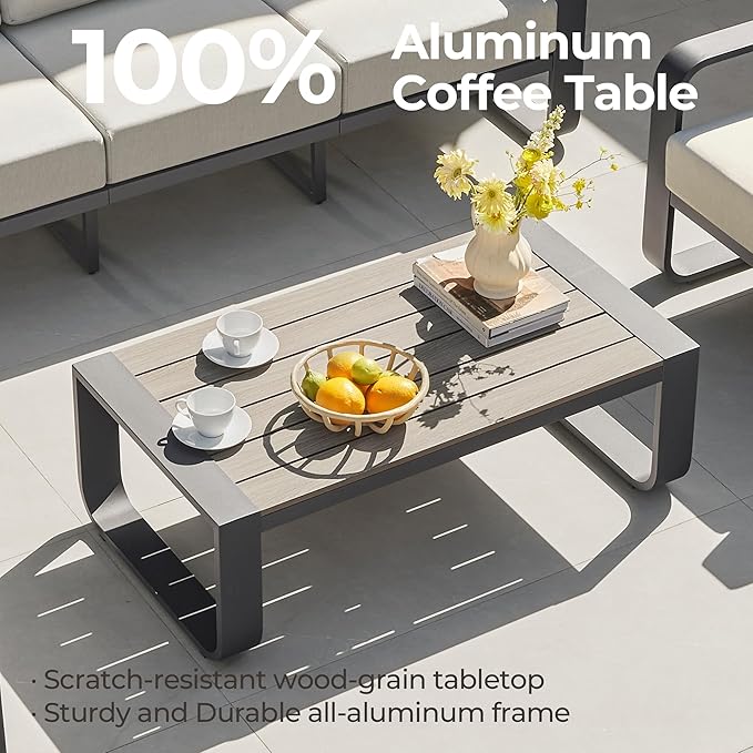 CHITA Aluminum Outdoor Patio Furniture Coffee Table, All-Weather Outdoor Metal Coffee Table, Modern Rectangle Coffee Table for Balcony, Garden, Grey
