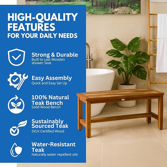 Decoteak EcoDecors Eleganto 47 Inch Natural Color Waterproof Teak Wood Shower Bench Stool Seat Chair for Inside Shower Provides Safety, Storage, and Organization for Bathroom Accessories