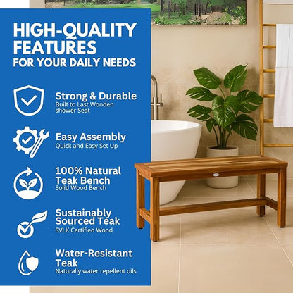 Decoteak EcoDecors Eleganto 47 Inch Natural Color Waterproof Teak Wood Shower Bench Stool Seat Chair for Inside Shower Provides Safety, Storage, and Organization for Bathroom Accessories