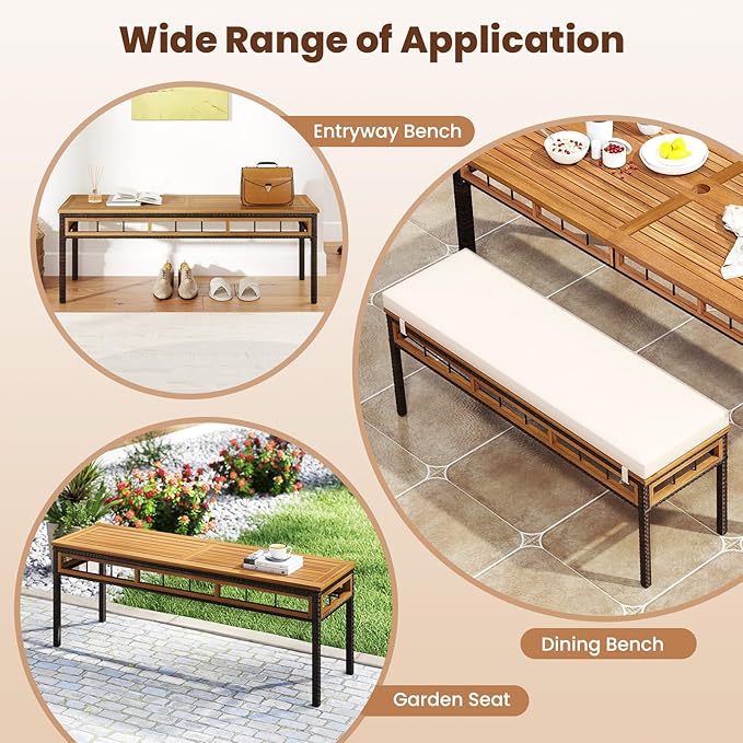 Tangkula Outdoor Wicker Bench with Removable Padded Cushion, 48" Patio Backless Acacia Wood Bench, 2-Person Outdoor PE Rattan Chair for Entryway Garden Poolside Deck (1,White)