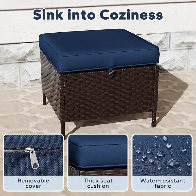 Wicker Ottomans with Cushions, Patio PE Rattan Furniture Set with Weather-Resistant Cushions for Porch, Backyard, Deck - Photo 3