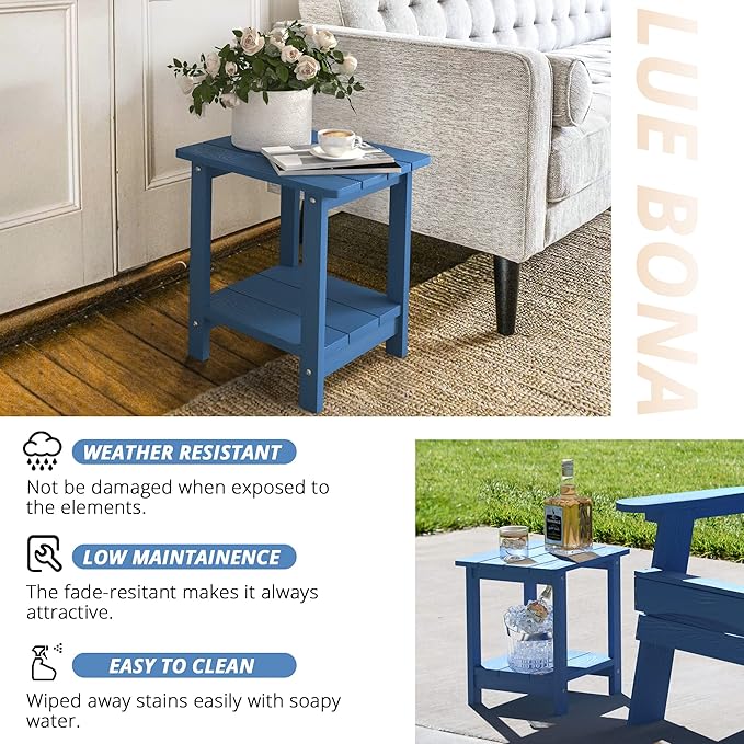 LUE BONA Adirondack Outdoor Side Table, 2-Tier Navy Blue HDPS Patio End Table Weather Resistant - Photo 7