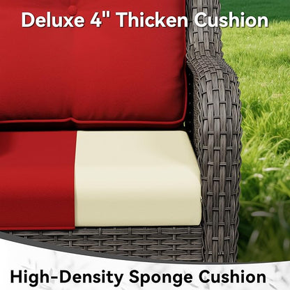 6 Pieces Outdoor Wicker Patio Furniture Set with Fire Pit Table, Patio Chair Set with Thickened Olefin Cushions, High Back and Deep Seating, Hand-Woven PE Rattan for Porch, Deck