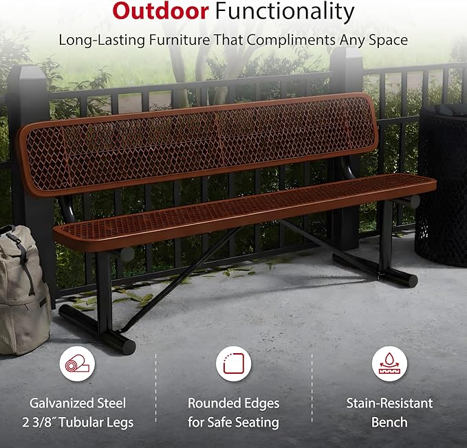 Leisure Craft Metal Outdoor Bench with Back - 6 Foot Heavy Duty Bench Seating for Garden, Porch, Picnic, Park, Expanded Metal, Thermoplastic Coating, Commercial Grade Furniture Made in USA - Brown
