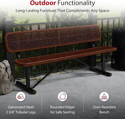 Leisure Craft Metal Outdoor Bench with Back - 6 Foot Heavy Duty Bench Seating for Garden, Porch, Picnic, Park, Expanded Metal, Thermoplastic Coating, Commercial Grade Furniture Made in USA - Brown