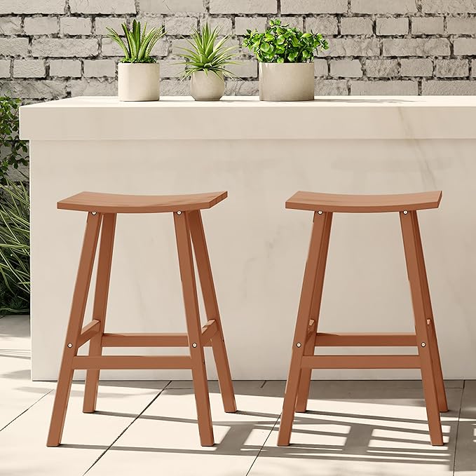 Costaelm All-Weather Bar Stools Set of 2, 29" Height Outdoor Bar Stools, Adirondack Poly Patio Bar Stool for Patio, Deck, Kitchen Counter and Garden, Teak