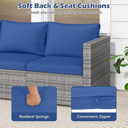 Tangkula 3 Seat Outdoor Wicker Sofa Set, Modular PE Rattan Patio Cushioned Sectional Couch Set, Outside Furniture Set for Deck, Backyard, Porch, Garden & Poolside (Navy)