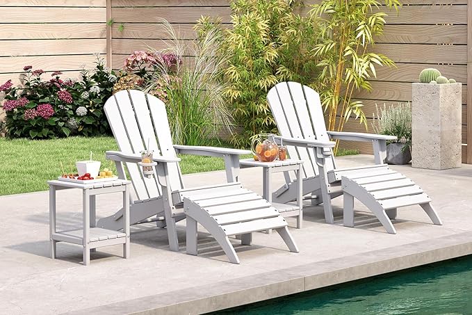BRIOPAWS Folding-Adirondack-Chairs Set of 4 | HDPE Plastic | Fire Pit Chair | Cup Holder | Curved Back | All Weather | for Outdoor Backyard Deck Patio | White