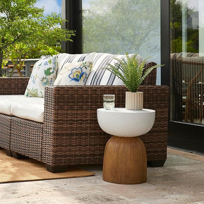 Glitzhome Outdoor Side Table Set of 2, 17.75" H Decorative Garden Stool MGO Geometric Wood Texture End Table, Round Planter Stand for Indoor Outdoor Living Room Bedroom Patio Deck Poolside