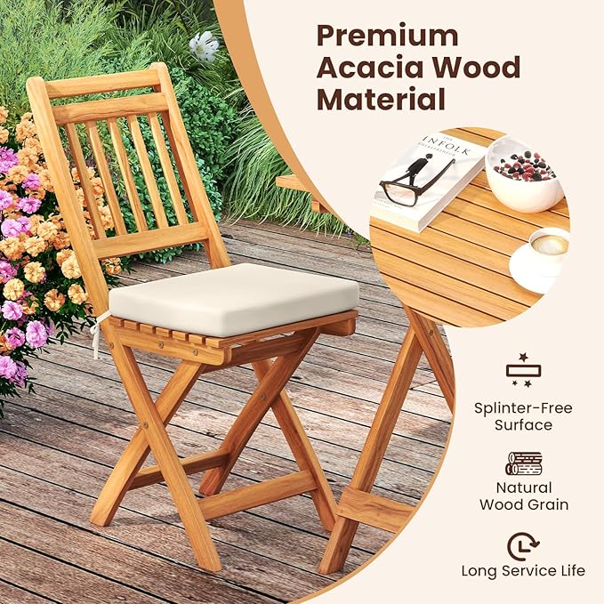 HAPPYGRILL Folding Patio Chairs Set Acacia Wood Outdoor Dining Chairs with Slatted Backrests and Soft Seat Cushions for Porch, Backyard and Garden, 400 LBS Weight Capacity (4,Back Style B)