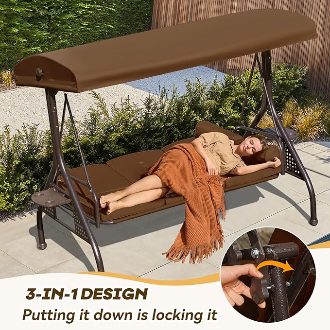 3 in 1 Patio Swing with Adjustable Canopy for Adults, 3 Seat Outdoor Swing with Thickened Cushions - Photo 5