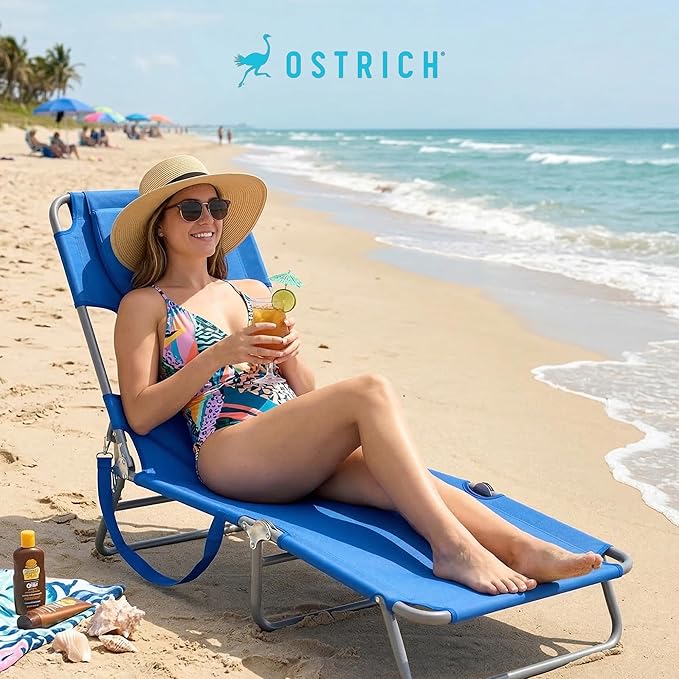Ostrich the Original Chaise 72 x 22 Inch Lounge Portable Reclining Lounger, Outdoor Patio, Beach, Lawn, Camping, or Pool Tanning Chair, Ocean Blue
