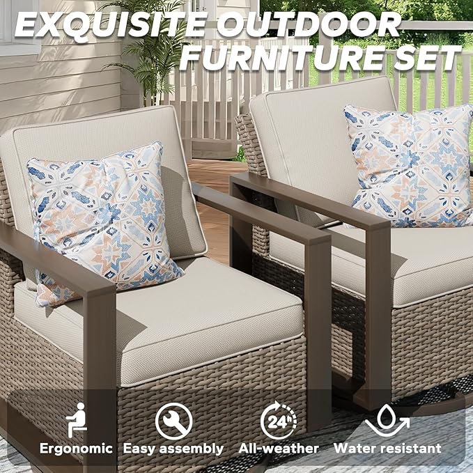 Outdoor Wicker Metal Chairs Set of 2 with Two Ottomans, 360 Degree Glider Rockers Armchairs - Photo 3