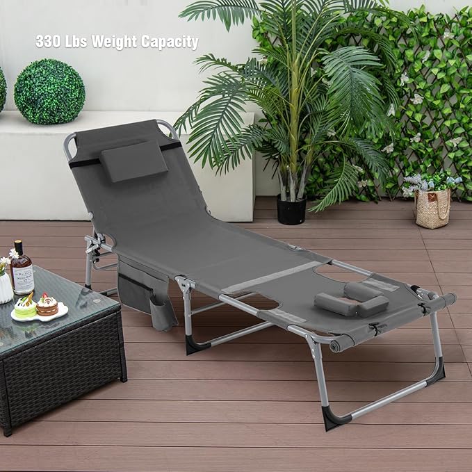Giantex Set of 2 Tanning Chair, 5-Position Adjustable Beach Chair with Face & Arm Hole, Hand/Shoulder Strap, Removable Pillow, Side Pocket, Load 330 Lbs, Sunbathing Chairs, Lounge Chairs Outdoor, Grey