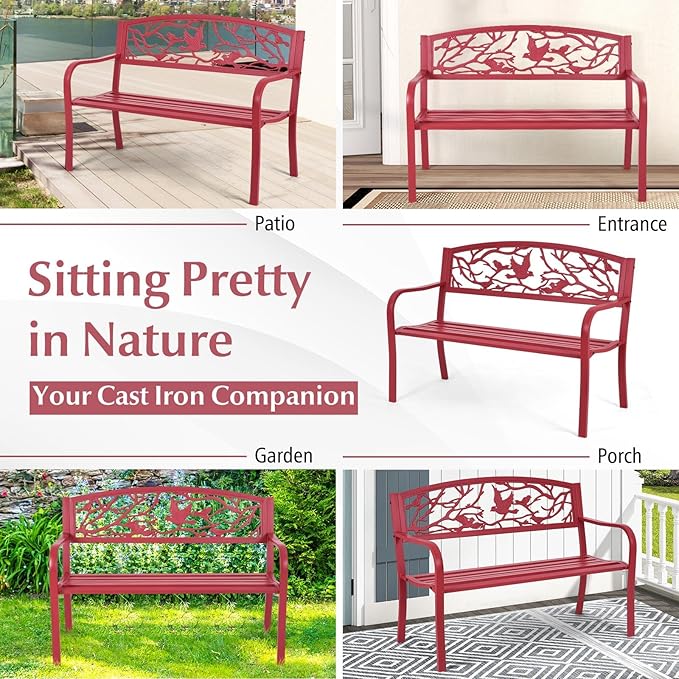 Tangkula Metal Outdoor Garden Bench Park Bench, Patio Bench with Bird & Twig Cast Iron Back Pattern, Heavy-Duty Patio Chair with Back & Arms, Seats 2-3 Persons, for Porch, Yard, Park, Lawn, Porch
